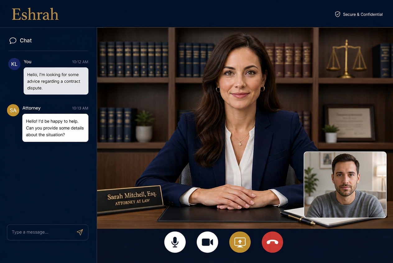 Eshrah video consultation showing attorney in call with client, chat sidebar, and meeting controls