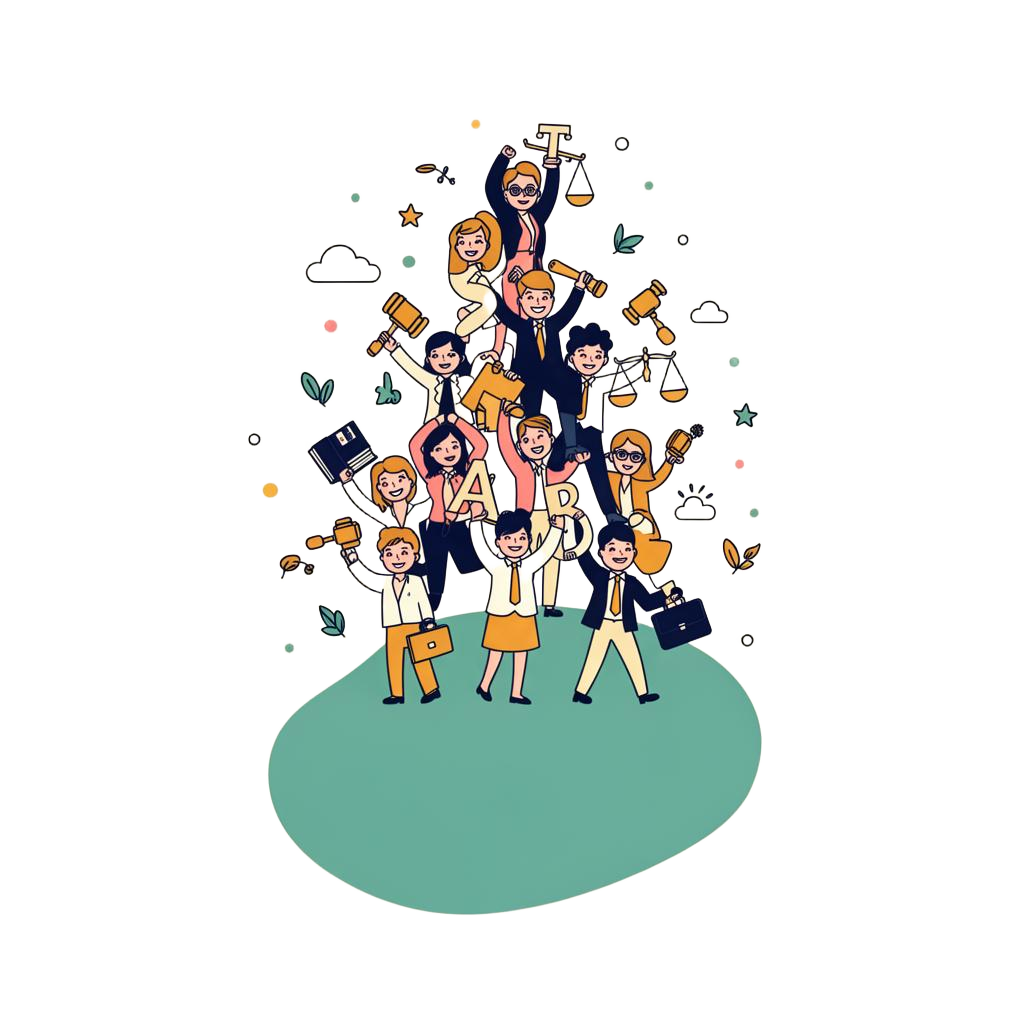 Diverse team of lawyers and clients standing together, illustration